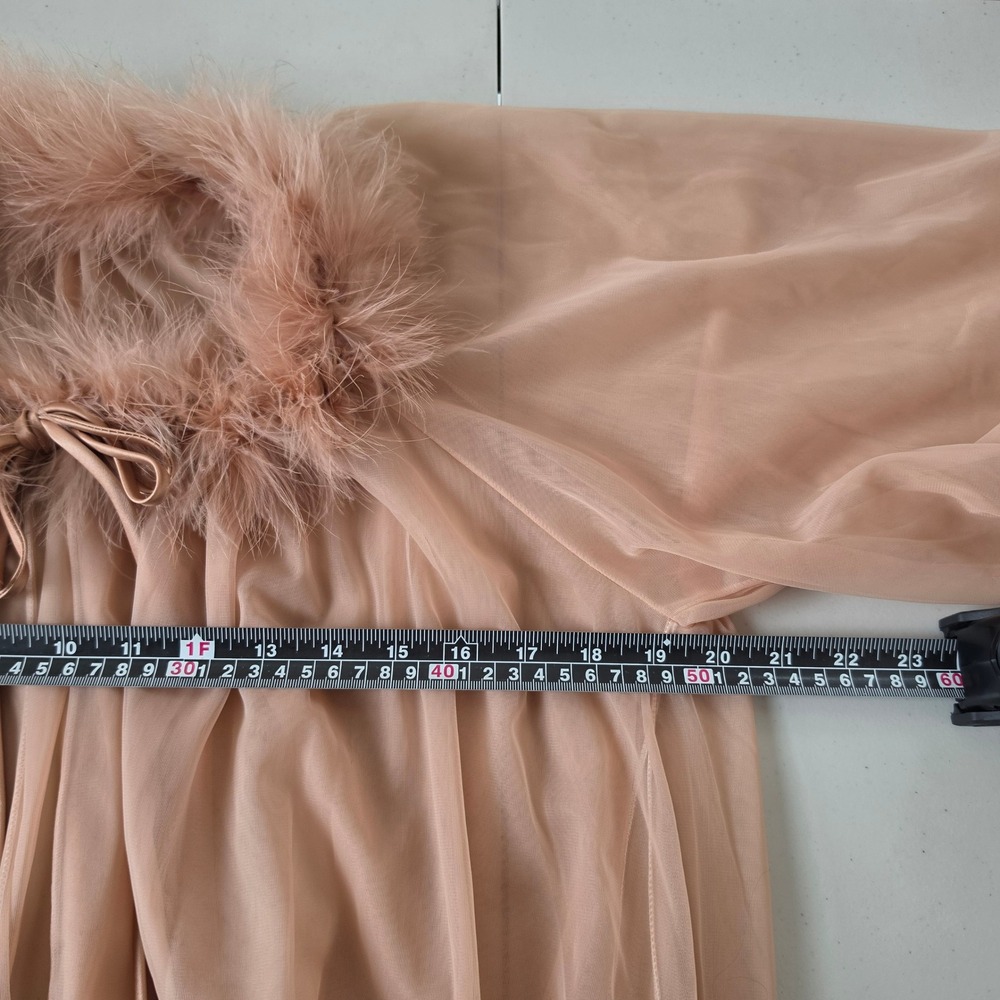 Intime of California Robe Women M Pink Sheer Feather Trim Long Mesh Vintage - Picture 5 of 10
